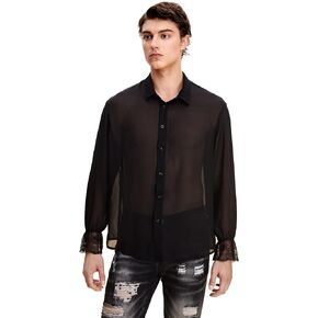 WDIRARA Men's Floral Lace Trim Mesh Long Sleeve Collared Sheer Top Button Down Shirt