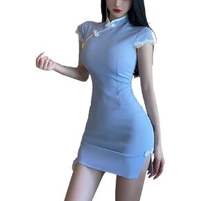 Sexy Womens Modern Cheongsam Mini Dress Sheer Cap Sleeve Bodycon Lingerie Cocktail Party Night Club Wear