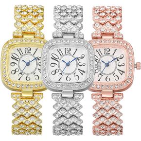 CdyBox 3Pack Classic Ladies Square Watches with Blue Hands Digital Watch Quartz Wristwatches with Inlay Diamond Strap
