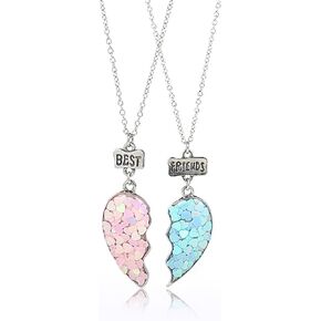 2pcs Friendship Half Heart Matching Necklace for 2 Women Teen Girls Charm Sparkly Pink Sequin Chain Pendant Necklace for BFF Best Friends Daughter Sister Birthday Christmas Party Fashion Jewelry Gifts