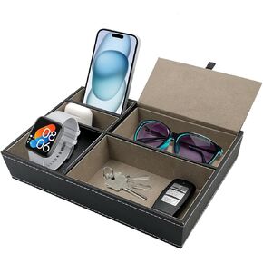 صينية خدمة رجالية من LYFJXX، صواني مجوهرات من الجلد الصناعي الأسود، صندوق ساعة لخزانة الملابس، صينية تنظيم منضدة للرجال، هدايا للرجال، هدايا للأب in Kuwait