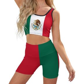 Bagea-Ka Mexico Flag Pattern Women Yoga Vest Set Workout 2 Piece Outfits Ribbed Gym Clothes for Women Girl's