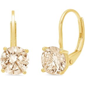 2.0 ct Brilliant Round Cut Solitaire Flawless Genuine Yellow Moissanite Gemstone Conflict Free VVS1 Ideal Pair of Leverback Drop Dangle Designer Earrings Solid 18K Yellow Gold