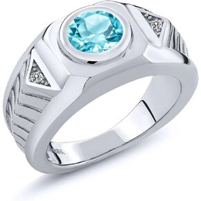Men's 925 Sterling Silver Round Swiss Blue Topaz and White Diamond Ring (2.23 Cttw, Gemstone Birthstone, Available In Size 7, 8, 9, 10, 11, 12, 13)