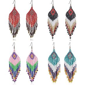 Weicam Women Jewellery 4 Pair Multicolor Nation Bohemian Style Tassel Earrings Handmade Beaded Jewelry