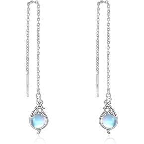 TIGERRIDER Moonstone Threaded Earrings Sterling Silver Celtic/Leaf Long Chain Moonstone/Cat's Eye Stone/Turquoise Earrings Women Jewelry, Birthday Gifts for Women