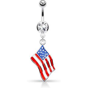 Pierced Owl - 14GA Epoxy National Country Flag with Gem Dangling Belly Button Ring