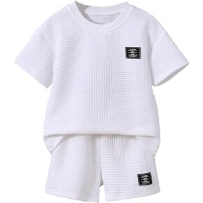 Verdusa Toddler Boy's 2 Piece Outfit Drop Shoulder Tee Top and Elastic Waist Shorts