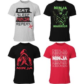 BROOKLYN VERTICAL 4-Pack Boys Ninja Short Sleeve Crew Neck T-Shirt with Chest Print | Soft Cotton Sizes 6-20