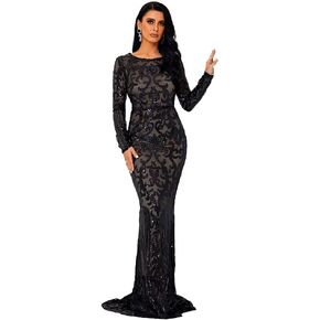 فستان Lin Lin Q مثير بياقة دائرية وأكمام طويلة مزين بالترتر باللون الأبيض in Kuwait