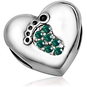 KunBead Footprints Heart Love Charms Girls Birthday Birthstone Crystal Bead Silver Charms for Bracelets