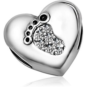 KunBead Footprints Heart Love Charms Girls Birthday Birthstone Crystal Bead Silver Charms for Bracelets