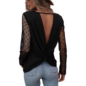 WDIRARA Women's V Neck Polka Dots Sheer Mehs Long Sleeve Twist Backless Sexy Top