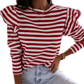 LilyCoco Womens Long Sleeve Striped Shirt Ruffle Top Loose Fit Tee Crew Neck T-Shirts