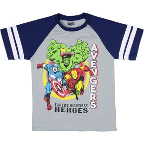 Marvel Avengers Boys' Hulk Iron Man Captain America Superhero Jersey Double Striped T-Shirt Tee
