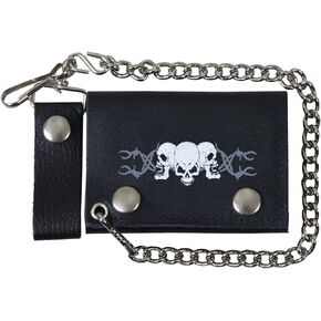 Hot Leathers WLB1014 Barbed Wire Skulls Black Leather Bi-Fold Wallet with Chain