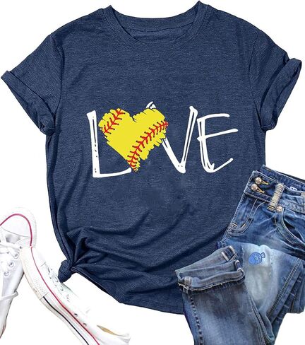تي شيرت Softball MOM I Love Softball تي شيرت بدون أكمام للنساء مطبوع عليه حروف مرحة، قميص بنمط الكرة اللينة، قميص كاجوال للحياة in Saudi Arabia