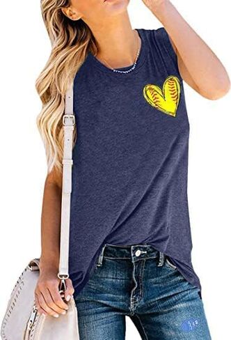 تي شيرت Softball MOM I Love Softball تي شيرت بدون أكمام للنساء مطبوع عليه حروف مرحة، قميص بنمط الكرة اللينة، قميص كاجوال للحياة in Saudi Arabia
