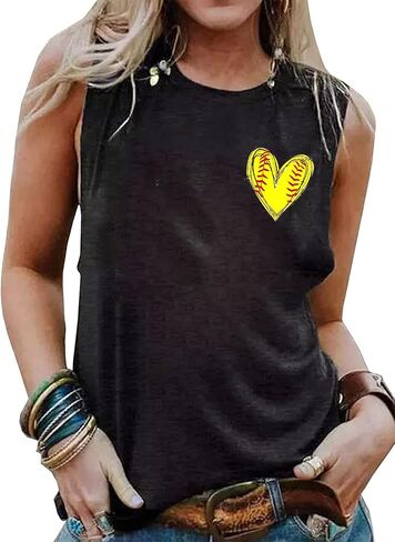 تي شيرت Softball MOM I Love Softball تي شيرت بدون أكمام للنساء مطبوع عليه حروف مرحة، قميص بنمط الكرة اللينة، قميص كاجوال للحياة in Saudi Arabia