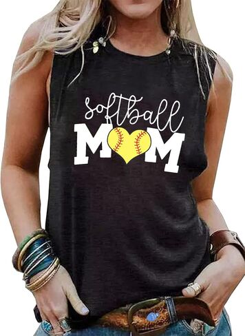 تي شيرت Softball MOM I Love Softball تي شيرت بدون أكمام للنساء مطبوع عليه حروف مرحة، قميص بنمط الكرة اللينة، قميص كاجوال للحياة in Saudi Arabia
