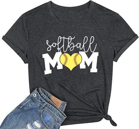 تي شيرت Softball MOM I Love Softball تي شيرت بدون أكمام للنساء مطبوع عليه حروف مرحة، قميص بنمط الكرة اللينة، قميص كاجوال للحياة in Saudi Arabia