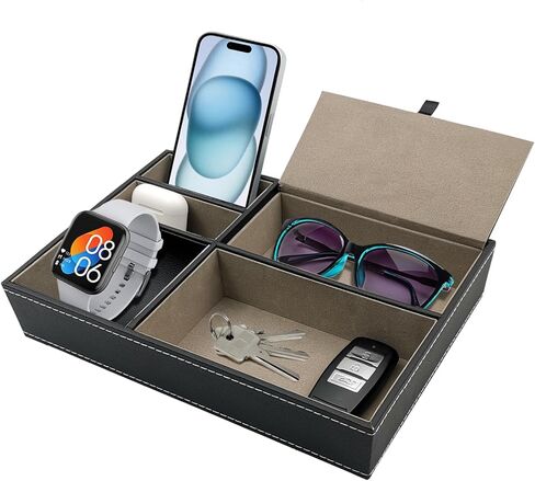 صينية خدمة رجالية من LYFJXX، صواني مجوهرات من الجلد الصناعي الأسود، صندوق ساعة لخزانة الملابس، صينية تنظيم منضدة للرجال، هدايا للرجال، هدايا للأب in Kuwait