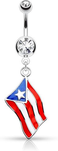 Pierced Owl - 14GA Epoxy National Country Flag with Gem Dangling Belly Button Ring in Kuwait