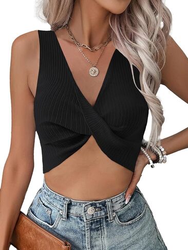 Rooscier Women's Twist Front Deep V Neck Sleeveless Knitted Sexy Club Tank Crop Top Cami in Saudi Arabia