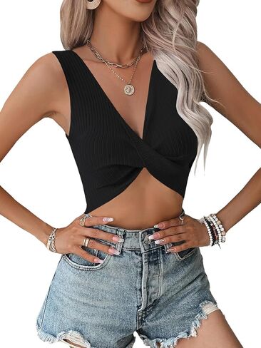 Rooscier Women's Twist Front Deep V Neck Sleeveless Knitted Sexy Club Tank Crop Top Cami in Saudi Arabia