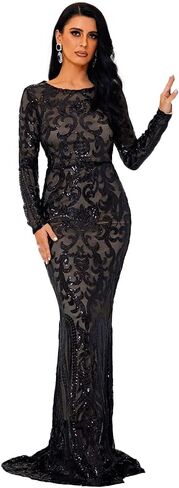 فستان Lin Lin Q مثير بياقة دائرية وأكمام طويلة مزين بالترتر باللون الأبيض in Kuwait