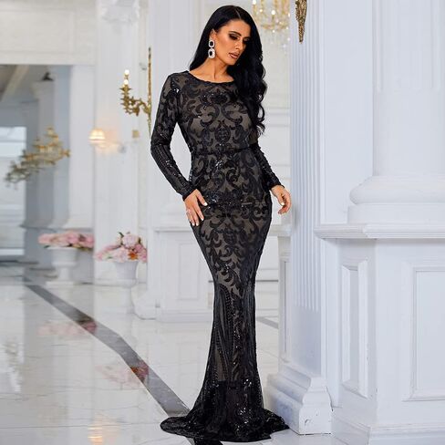 فستان Lin Lin Q مثير بياقة دائرية وأكمام طويلة مزين بالترتر باللون الأبيض in Kuwait