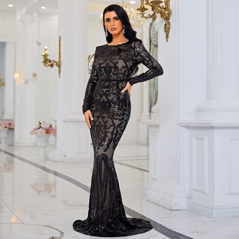 فستان Lin Lin Q مثير بياقة دائرية وأكمام طويلة مزين بالترتر باللون الأبيض in Kuwait