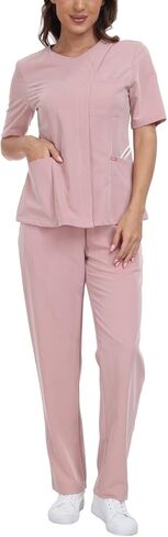 طقم Ninsam Curve Vitality Scrubs للنساء، مكون من بلوزة بسحاب مائل وسروال مستقيم الساق، 7 جيوب زي طبي مطاطي in Kuwait