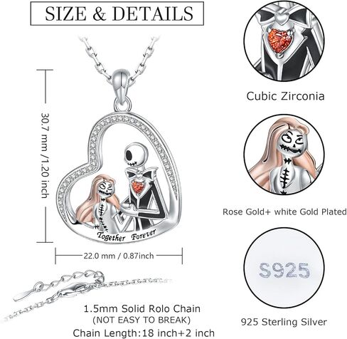 قلادة جاك سكيلينجتون من نايتمير للصديقة - قلادة من الفضة الاسترلينية عيار 925 بتصميم كابوس بيفور كريسماس جاك وسالي، هدايا للصديقة من الفضة الاسترليني ومرصعة بالزركونيا المكعبة in Kuwait