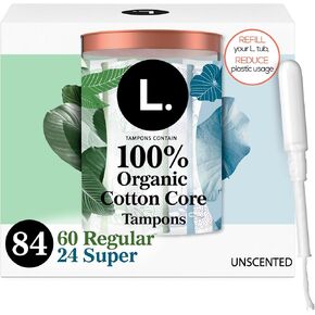 L. Cotton Tampons Regular/Super Absorbency Multipack, Free from Chlorine Bleaching, Pesticides, Fragrances, or Dyes, 84 Count (2 Packs of 42) (Packaging May Vary)
