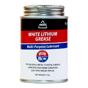 AGS Lith-Ease White Lithium Grease, 4oz. Brush Top Can, Water and Heat Resistant, Mess Free Application, Multi-Purpose Lubricant, Great for Household and Industrial Use, Metal to Metal Surfaces