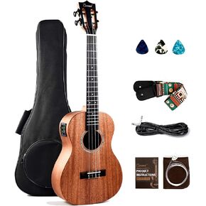 Caramel CB402 Baritone Electric Ukulele All Solid Mahogany Wood 30'' Professional Wood Ukelele Instrument Kit Small Hawaiian Guitar Beginner ukalalee Starter Pack Bundle Gig bag, Strap, String Set