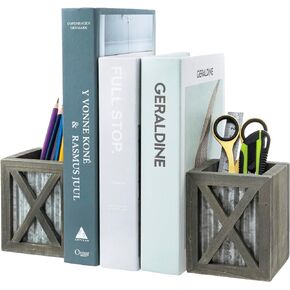 MyGift Decorative Bookends with Pencil Cup, Shabby Weathered White Washed Wood Bookends, Desktop Book Ends with Pen Holder Stationery Storage Bins for Home Office, Classroom, Dorm Room