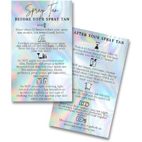 Spray Tan Pre and Post Tan Instruction Cards |Physical Printed 2x3.5" inch Business Card Size | Non-Reflective Matte Rainbow Holographic Design