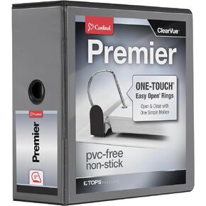 Cardinal 3 Ring Binder, Binders for School and Office, Durable 4 Inch Premier Easy Open Binder, ONE-Touch Locking Slant-D Rings, 880-Sheet Capacity, ClearVue Cover, PVC-Free, Black (10341)