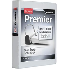 Cardinal Premier Easy Open 3-Ring Binder, 1", ONE-Touch Easy Open Locking Slant-D Rings, 250-Sheet Capacity, ClearVue Cover, PVC-Free, White (10300CB)
