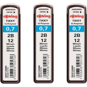 Rotring Tikky 0.7mm 2B Hi-Polymer Strong Dark Pencil Lead Refills for Mechanical Pencils - 36 Leads in Total - Pack of 3 Tubes
