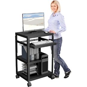 AV Presentation Cart with Keyboard Tray, Heavy Duty Mobile Workstation Presentation Cart for Video Projector, Laptop Computer, Media Cart for School Classroom Office（Black）