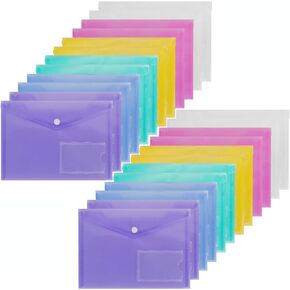 Acrux7 24PCS A5 Poly Envelope Folders, A5 Plastic Envelopes with Snap Closure, Clear A5 Document Storage Folder with Pockets for School Home Work and Office Organization, Multi-Colored