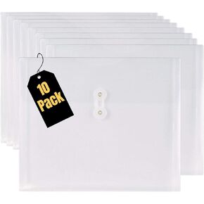 1InTheOffice Poly Envelopes Button & String Closure, Expanding Wallet, Letter Size, Clear, 10/Pack