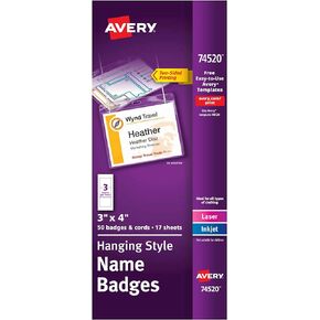 Avery Customizable Name Badges, 3" x 4", Printable Name Tag Inserts, 50 Name Tag Holders with Cords (74520)