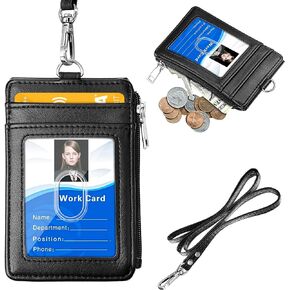 ELV Badge Holder with Zipper, PU Leather ID Badge Card Holder Wallet with 5 Card Slots, 1 Side RFID Blocking Pocket and 20 inch Neck Lanyard Strap for Offices ID, School ID, Driver Licence (Black)