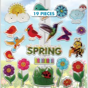 Spring Window Clings for Kids - Flowers Birds and Bees Gel Clings for Toddlers - Reusable Window Stickers Decals for use at Home Cars Plane Airplane Classroom Activities (Jesplay USA)