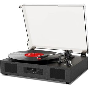 Vinyl Record Player with Built-in Stereo Speakers and Bass Adjust, Vintage 3-Speed Portable LP Turntable with Upgraded Audio Sound, Bluetooth Input, RCA/AUX/Headphone Jack, White Wood