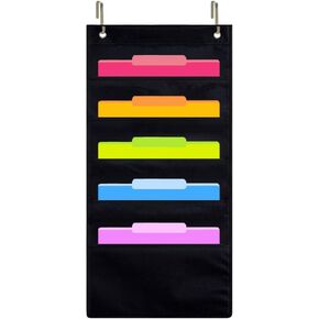 EAMAY Hanging Wall Organizer, Over the Door Office Supplies File Document Organizer Holder for Home Bill Filing, Mail Organizer, Wall Mounted File Folders - 5 File Pockets Chart and 2 File Hangers